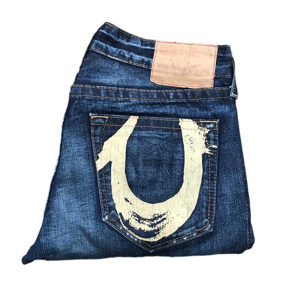 Vintage True Religion Jeans Size 36 Yellow Horsehoe Blue - Picture 1 of 10